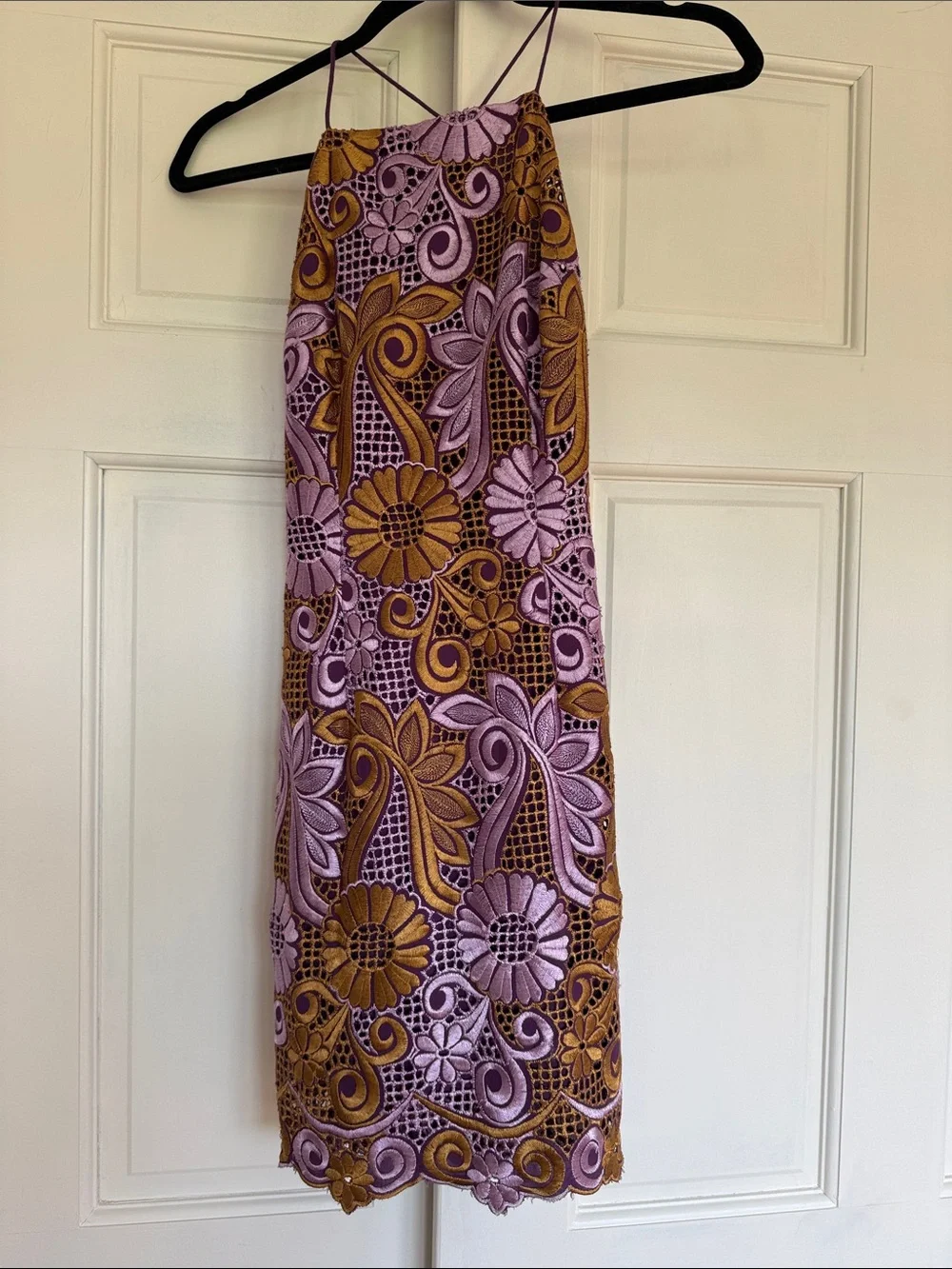 Anthropologie Purple and Mustard Embroidered Lace Halter Dress - Picture 6 of 9